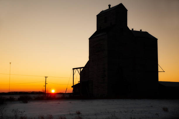 木造穀物エレベーターのシフーエット - canada saskatchewan grain elevator prairie ストックフォトと画像