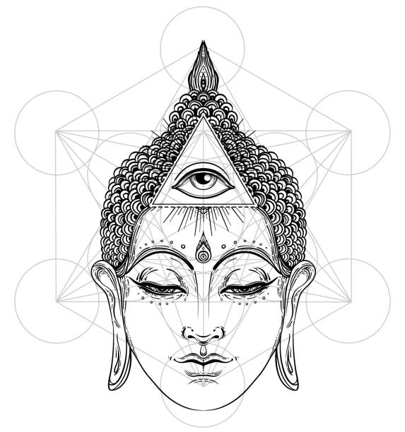 Buddha face isolated on white. Esoteric vintage vector illustration. Indian, Buddhism, spiritual art. Buddha face isolated on white. Esoteric vintage vector illustration. Indian, Buddhism, spiritual art. Hippie tattoo, spirituality, Thai god, yoga zen Coloring book pages for adults. buddha face stock illustrations