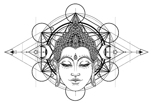Buddha face isolated on white. Esoteric vintage vector illustration. Indian, Buddhism, spiritual art. Hippie tattoo, spirituality, Thai god, yoga zen Coloring book pages for adults.