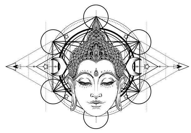 Buddha face isolated on white. Esoteric vintage vector illustration. Indian, Buddhism, spiritual art. Buddha face isolated on white. Esoteric vintage vector illustration. Indian, Buddhism, spiritual art. Hippie tattoo, spirituality, Thai god, yoga zen Coloring book pages for adults. buddha art stock illustrations