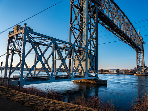Bourne, Massachusetts - 1/15/2020: The elevator and tower of the Cape Cod Canal Railroad Bridge that spans the Cape Cod Canal