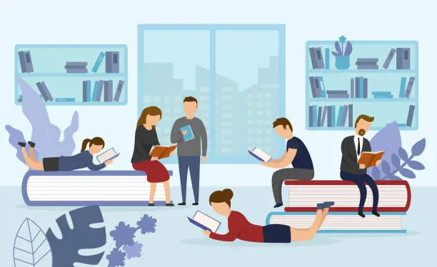 Vector illustration of Book Festival Poster Concept. People are reading books sitting on huge books piled up. Flat Style. Vector Illustration