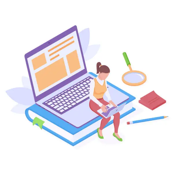 Vector illustration of Online education or work with laptop isometric isolated vector illustration.