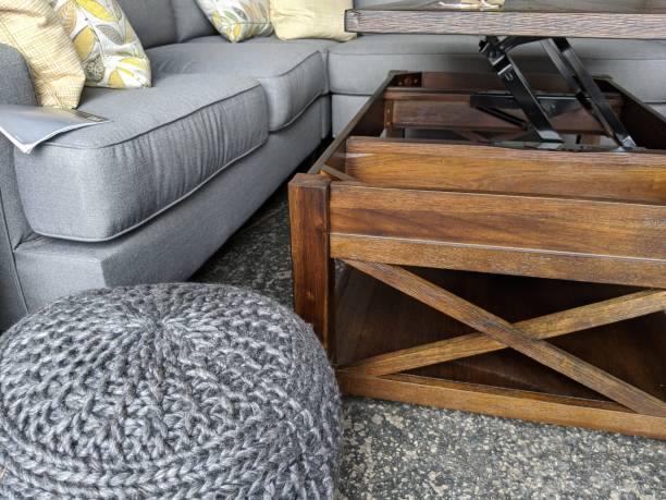 istock grey fabric ottoman and wooden coffee table 1200160992