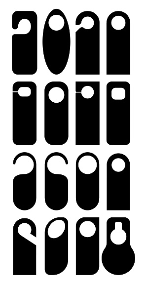 Hangers set vector icon. Paper, plastic, cardboard door lock cards isolated on white background. Don't disturb, calm, and clean door hanger tags for appartments and room in hostel hotel, dorms.
