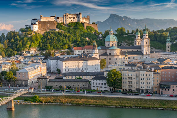 View from the Kapuzinerberg on the old town with Hohensalzburg Castle, Salzburg Cathedral and Collegiate Church, Salzburg Austria. View from the Kapuzinerberg on the old town with Hohensalzburg Castle, Salzburg Cathedral and Collegiate Church, Salzburg Austria. Kapuzinerberg stock pictures, royalty-free photos & images