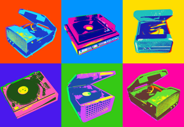 retro music icons - gramofony płyt winylowych - record turntable disc jockey pop art stock illustrations