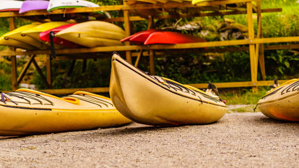istock Kayaks on water shore. Rental area 1200167536