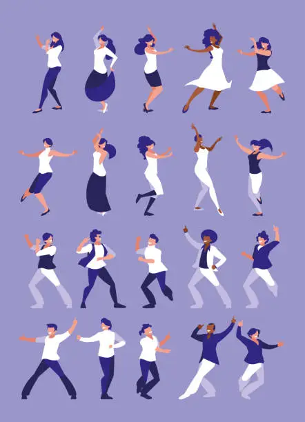 Vector illustration of set of people dancing party, dancing club, music and nightlife