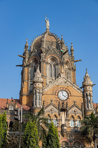 Close- up veiw of Chhatrapati Shivaji Terminus formerly Victoria Terminus in Mumbai, India is a UNESCO World Heritage Site and historic railway station which serves as the headquarters of the Central Railways.