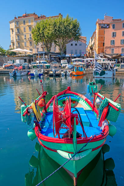 Traditional fishing boat in old port of Ajaccio, Corsica Ajaccio, Corsica corsican flag stock pictures, royalty-free photos & images