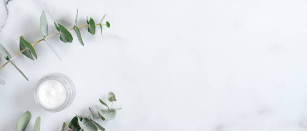 Natural organic cream jar with eucalyptus leaves on marble background. Flat lay, top view, copy space. Natural organic product, beauty and spa concept
