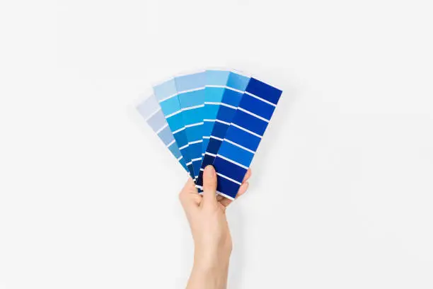 Photo of Color swatches with color of the year 2020 in the hand - Classic Blue. Color trend palette. Top view, flat lay.