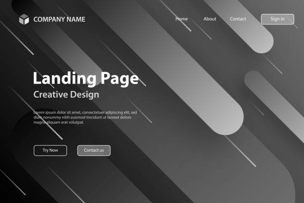 Landing page Template - Abstract design with geometric shapes - Trendy Gray Gradient Landing page template for your website with a futuristic background, looking like a meteor shower. Modern and trendy abstract background with geometric shapes. This illustration can be used for your design, with space for your text (colors used: White, Gray, Black). Vector Illustration (EPS10, well layered and grouped), wide format (3:2). Easy to edit, manipulate, resize or colorize. black background shape white paper stock illustrations