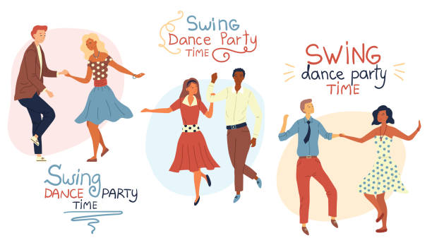 ilustraciones, imágenes clip art, dibujos animados e iconos de stock de concepto de tiempo de fiesta de swind dance. las parejas jóvenes están bailando swing, rock and roll o lindy hop. estilo plano. ilustración vectorial - dancing swing dancing 1950s style couple