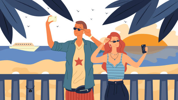 Fashionably Dressed Young Man and Woman in Sunglasses With Mobile Phones are Making Selfie on the Coast Background. Couple In Love enjoy relationship during the trip. Flat Style. Vector illustration Fashionably Dressed Young Man and Woman in Sunglasses With Mobile Phones are Making Selfie on the Coast Background. Couple In Love enjoy relationship during the trip. Flat Style. Vector illustration. yacht selfie stock illustrations