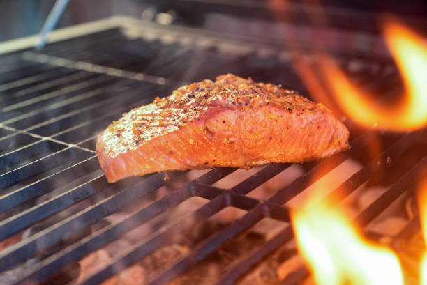 istock Fresh King Salmon Filet on the Grill 1200180355