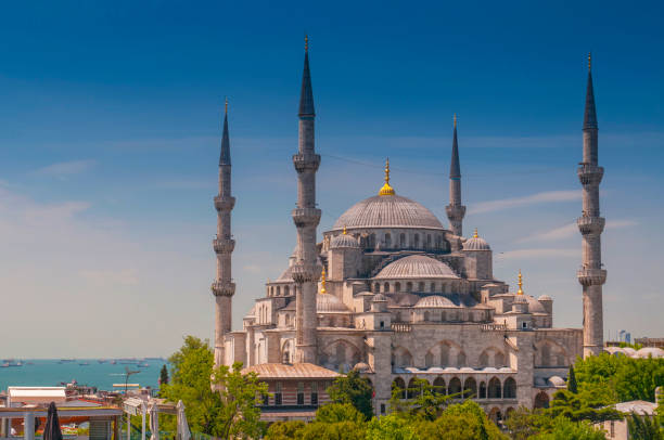 View of the Blue Mosque (Sultanahmet Camii) in Istanbul, Turkey. stock photo