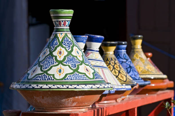 Colorful tagine souvenirs for sale in a shop in Morocco. stock photo