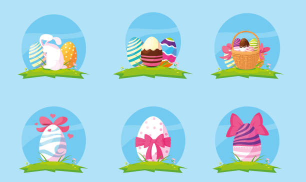 набор пасхальных яиц, счастливый пасхальный - easter traditional culture backgrounds basket stock illustrations