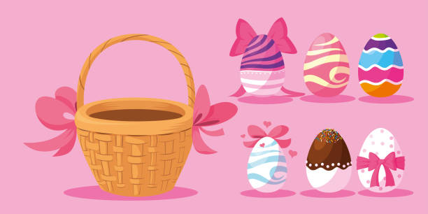 ilustrações de stock, clip art, desenhos animados e ícones de set of decorated easter eggs , happy easter - easter traditional culture backgrounds basket