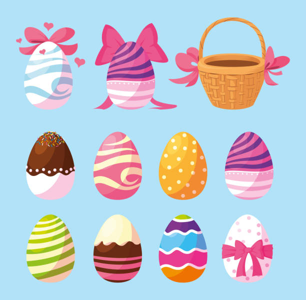 набор пасхальных яиц, счастливый пасхальный - easter traditional culture backgrounds basket stock illustrations