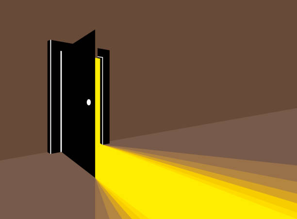 istock Half open secret door new opportunities concept vector illustration, fear of the unknown, step inside the light from the dark, what is behind, what is there. 1200185903