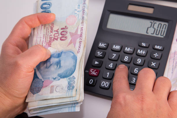 Unrecognizable person is counting turkish money.Horizontal composition, indoors shot