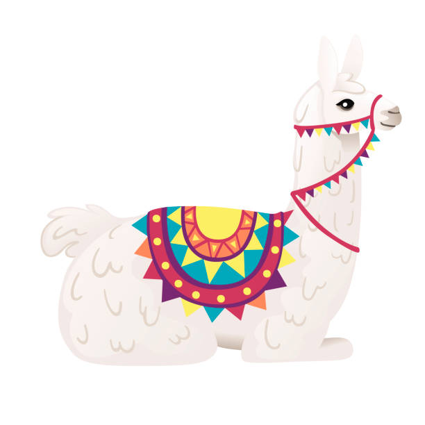 istock Cute llama sitting on ground wearing decorative saddle with patterns cartoon animal design flat vector illustration isolated on white background side view 1200188330