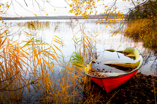 Sunken boat in evening light, sad and tranquil scenery, panorama