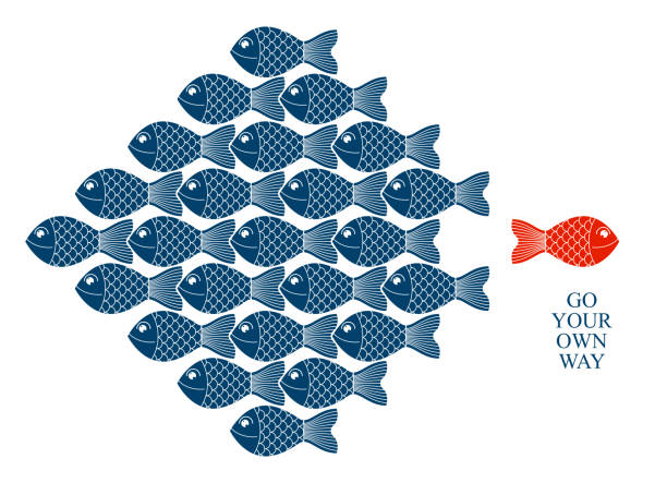 istock Being different or special vector concept shown with funny cartoon fishes and one is another color and swimming another direction, alternative opposition, variety. 1200188680