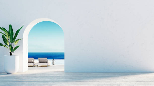 Gate to the sea view & Beach living - Santorini island style / 3D rendering Gate to the sea view & Beach living - Santorini island style pool gate stock pictures, royalty-free photos & images