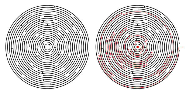 Radial labyrinth maze vector design, children game to play, find way out. Radial labyrinth maze vector design, children game to play, find way out. circular maze stock illustrations