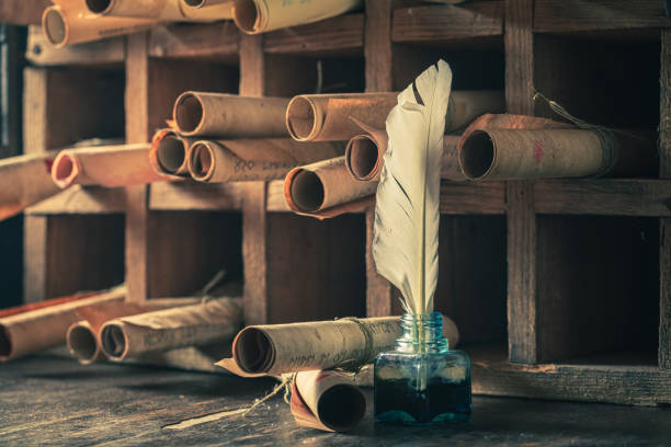 istock Unique scribe library full of medieval and old scrolls 1200191618