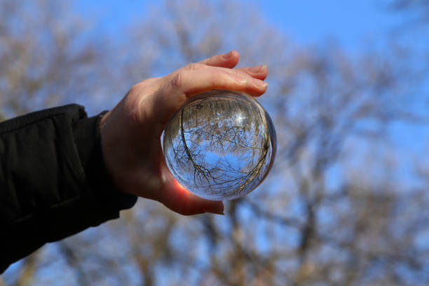 istock Trees and blue sky through a transparent glass ball 1200196079