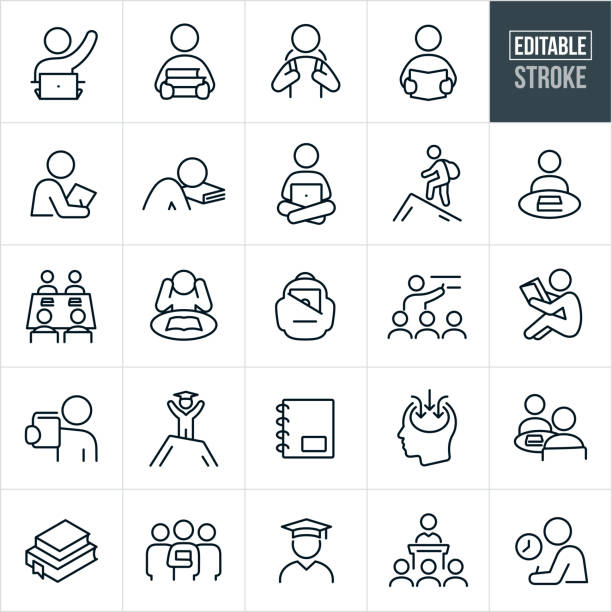 Study and Learning Thin Line Icons - Editable Stroke A set of study and learning icons that include editable strokes or outlines using the EPS vector file. The icons include a student raising hand while seated at laptop computer, student carrying books, student with backpack, student reading a book, student writing, student asleep on textbook, student sitting crosslegged while using a laptop, student climbing a mountain, student seated at table with book, study group with books at table, backpack with laptop, instructor giving lecture, student seated and looking at book, graduate at the summit of a mountain, notebook, stack of textbooks, faculty, graduate student and other related icons. lecture hall illustrations stock illustrations