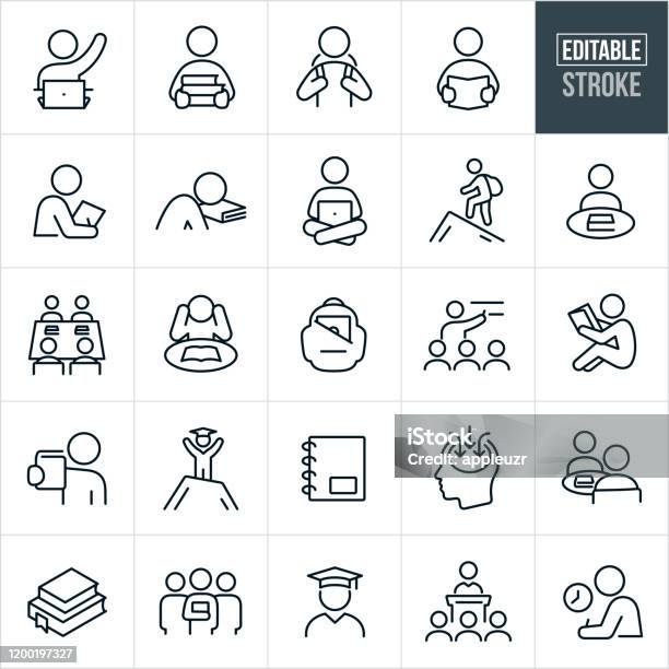 Study And Learning Thin Line Icons Editable Stroke Stock Illustration - Download Image Now