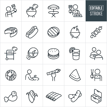 A set of grilling icons that include editable strokes or outlines using the EPS vector file. The icons include a person grilling and holding a spatula, a grill, picnic table, chef at grill, salmon, hotdog, hamburger, shish kabob, thermometer, glass of lemonade, two people at a table eating, hamburger and hotdog on grill, person flipping hamburger, asparagus on fork, watermelon slice, chicken leg, corn, ribs and a ice chest to name a few.