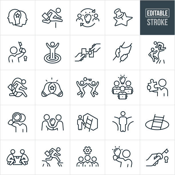 Business Solutions Thin Line Icons - Editable Stroke A set of business solutions icons that include editable strokes or outlines using the EPS vector file. The icons include business people, businessmen, two heads together, businessman jumping a hurdle, two business people with lightbulb, a business person with a key to a lock, business person standing on a target with hands in the air, two hands putting two jigsaw puzzle pieces together, to hands clasped together, business person reaching for another person on a cliff, businessman jumping through a hoop, two lightbulbs overlapping, two business people jumping for a key over head, three business people seated at laptops and a lightbulb over head, business person holding up a jigsaw puzzle piece, businessman looking through a magnifying glass, two business people shanking hands with a lightbulb between them, a ladder against a wall, a business person at a fork in the road, a ladder coming out from a pit, two business people using teamwork to lift a box, a business person jumping a gap between cliffs, three business people and a cog, a business person holding up a lit lightbulb and a hand holding a key. hurdle stock illustrations
