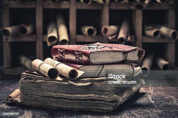 Magic Scrolls And Books In Medieval Library Stock Photo - Download Image Now - Medieval, Library, Paper Scroll