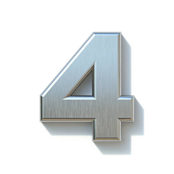 Brushed metal font Number 4 FOUR 3D Brushed metal font Number 4 FOUR 3D render illustration isolated on white background 3d silver steel number 4 stock pictures, royalty-free photos & images