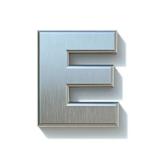 Brushed metal font Letter E 3D render illustration isolated on white background