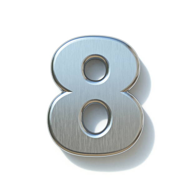 Brushed metal font Number 8 EIGHT 3D Brushed metal font Number 8 EIGHT 3D render illustration isolated on white background silver chrome number 8 stock pictures, royalty-free photos & images