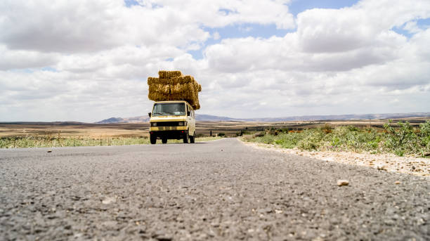 istock Van driving with a stack of hay on the roof 1200205541