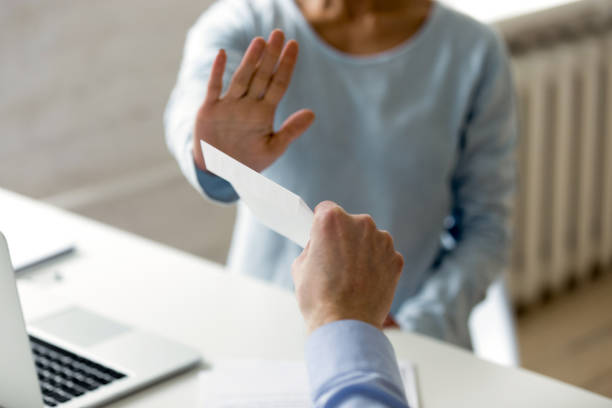 istock Honest company worker rejecting corrupting and bribery at workplace. 1200214109
