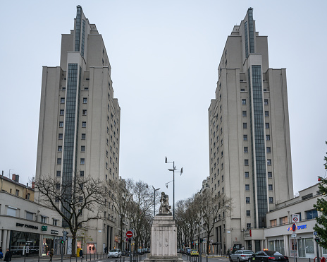 Villeurbanne France , 2 January 2020 : Gratte-ciel or skyscrapers building and avenue Henri Barbusse in Villeurbanne France