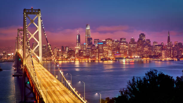 słońce francisco. bridge. dzielnica finansowa. biurowiec. skyline - san francisco bay aerial view san francisco county san francisco bay area zdjęcia i obrazy z banku zdjęć