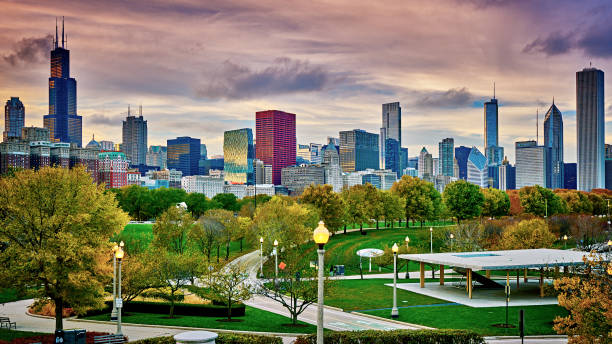 istock Park and Chicago skyline. Downtown Financial District 1200218139