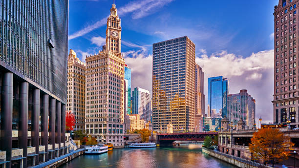 Chicago River. Riverside. Hotel. Corporate Building. Business Downtown