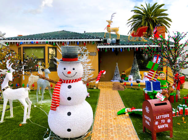 Long Beach, CA: A house at midday gaily decorated for Christmas in Long Beach, CA, where street-wide competitions encourage residents to decorate for the holidays.